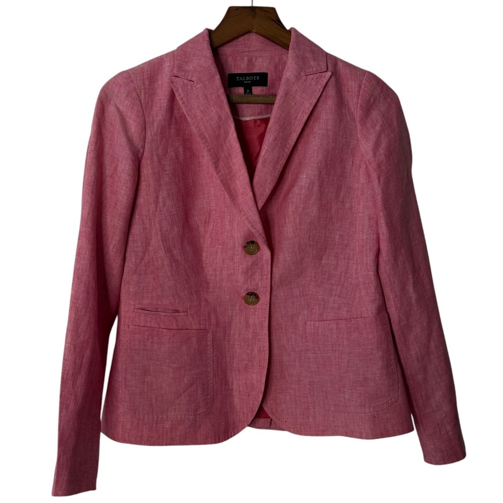 Talbots‎ Petites Pink 100% Linen Two Button Blazer Jacket Size 2P Spring Summer